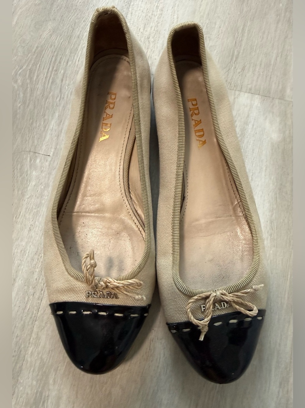 Prada Canvas Cap Toe Ballet Flats Beige Black Women Sz 7 - Picture 11 of 15